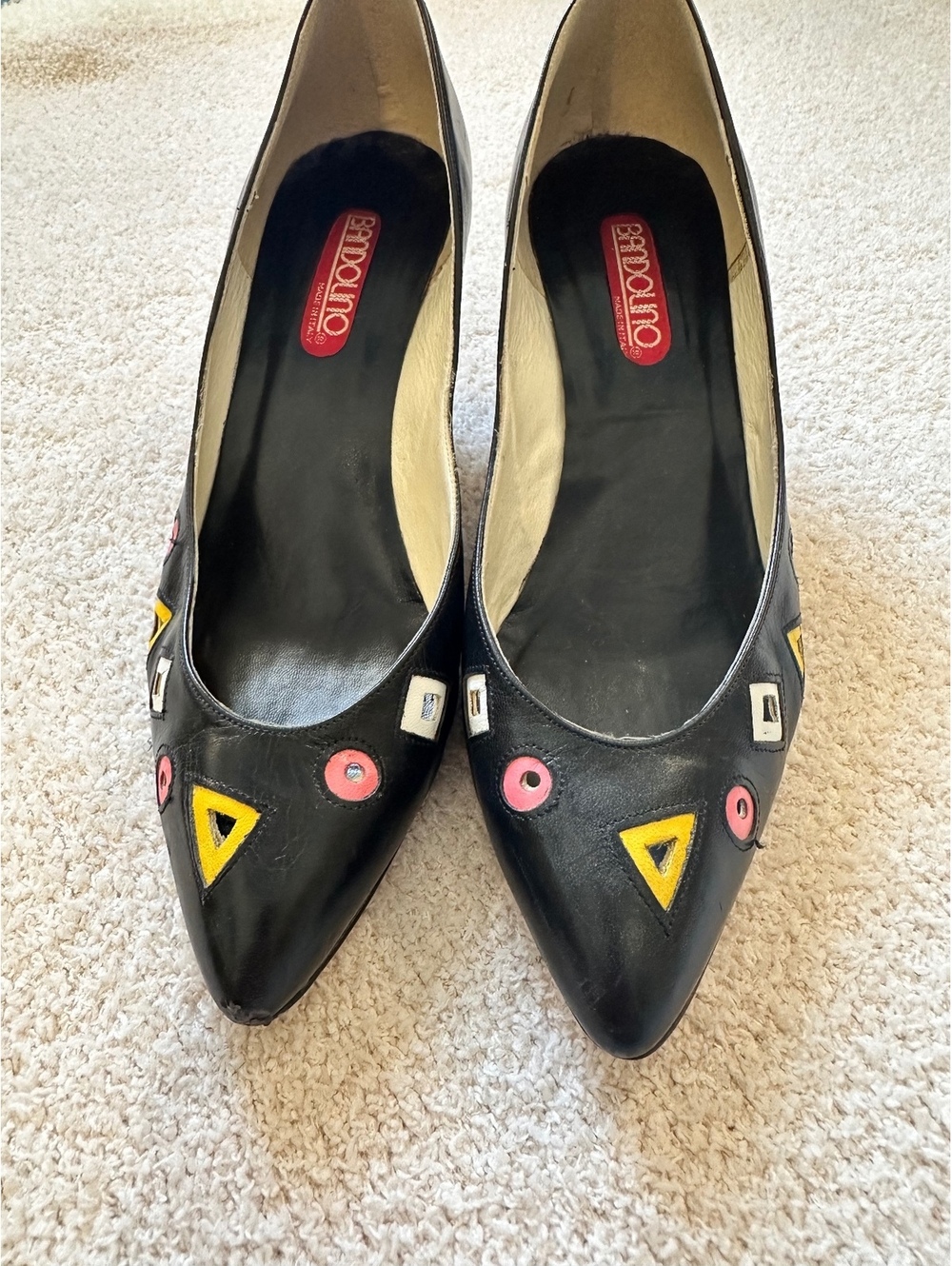 Vintage Bandolino Italy 80s Geometric Cutout Leather Pumps Heels 7.5 M Black